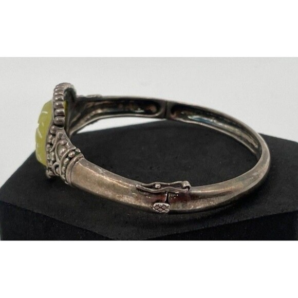 A925 Sterling Silver Yellow Stone Carved Flower Hinged Bangle Cuff Bracelet 7.5" - Picture 4 of 6